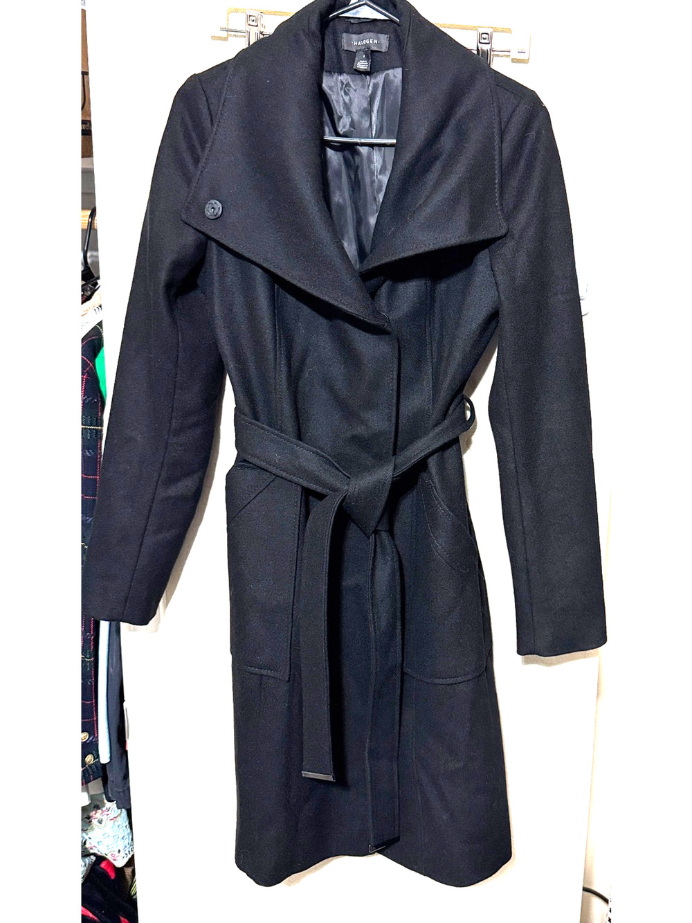 Halogen Black Wool Coat Size S Women's Long belted dress wide lapel‎